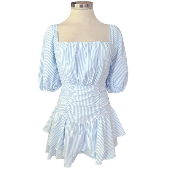 EHB Tiers To Me Light Blue Puff Sleeve Tiered Skater Mini Dress Size Small NWOT - Picture 6 of 7